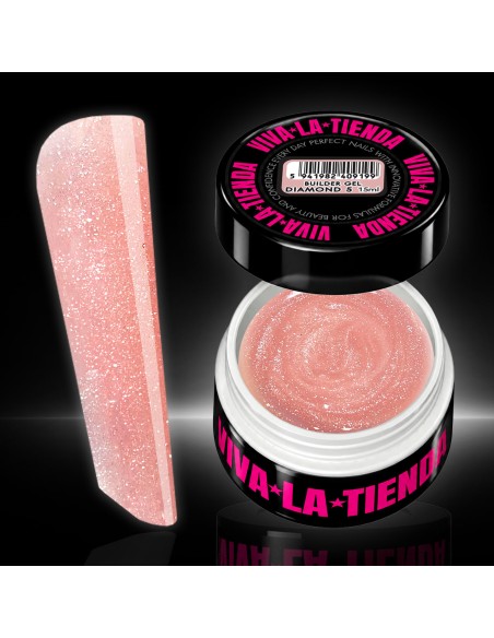 Builder Gel Viva La Tienda – Diamond 05 Nude 30ml – bej sidefat cu sclipici fin argintiu, autonivelant, pentru manichiuri artistice cu efect strălucitor