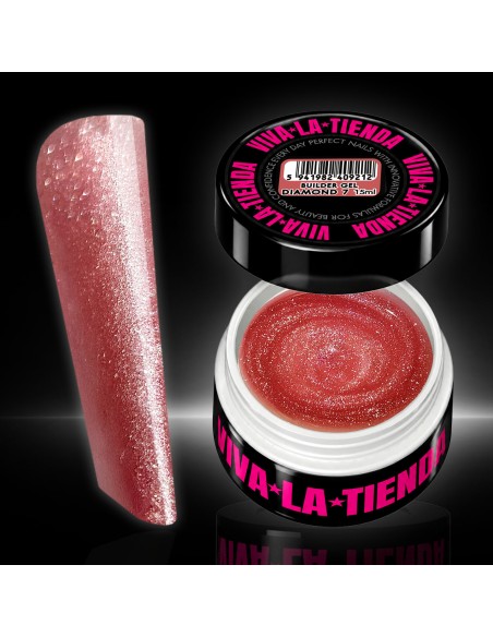Builder Gel Viva La Tienda – Diamond 07 Pink 15ml – roz sidefat cu sclipici fin argintiu, autonivelant, pentru manichiuri artistice cu efect strălucitor