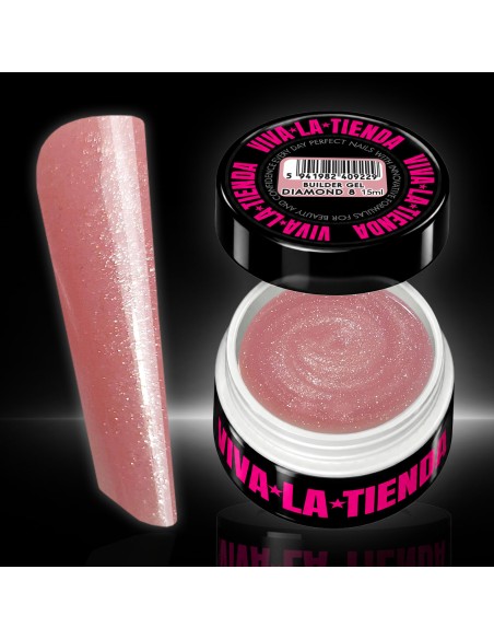 Builder Gel Viva La Tienda – Diamond 08 Baby 15ml – roz delicat cu sclipici fin argintiu, autonivelant, pentru manichiuri artistice cu efect strălucitor